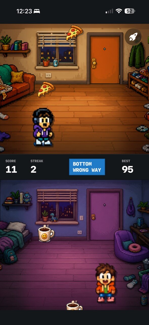 Classic run with Bottom Wrong Way label, pizza and coffee falling, and two roommates split across rooms.