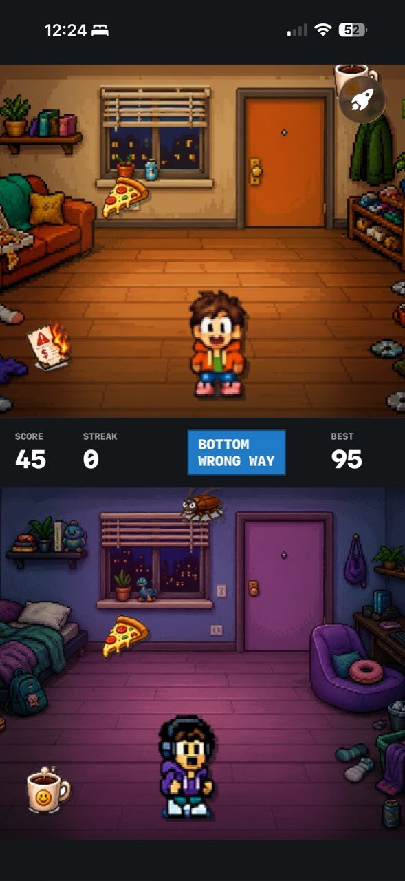 Wrong Way Roommates gameplay showing two stacked rooms, falling pizza and coffee, and the Bottom Wrong Way warning.
