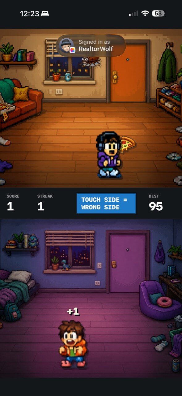 Game Center sign-in toast over gameplay with a plus-one score pop.