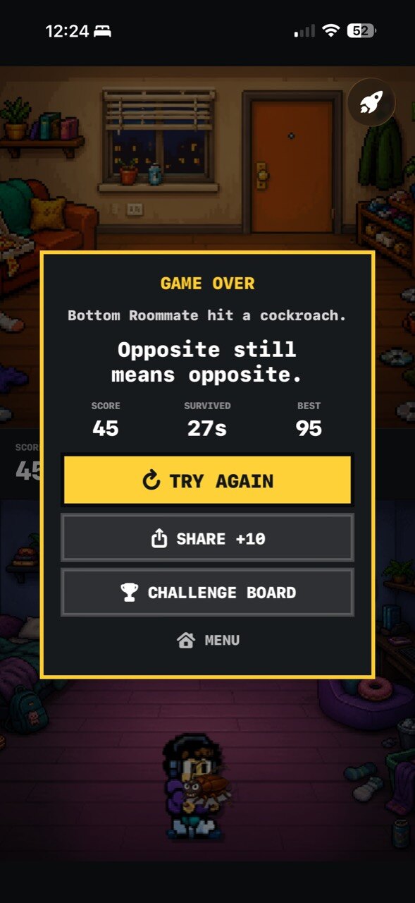 Game over screen with score, survival time, best score, Try Again, Share, and Challenge Board buttons.