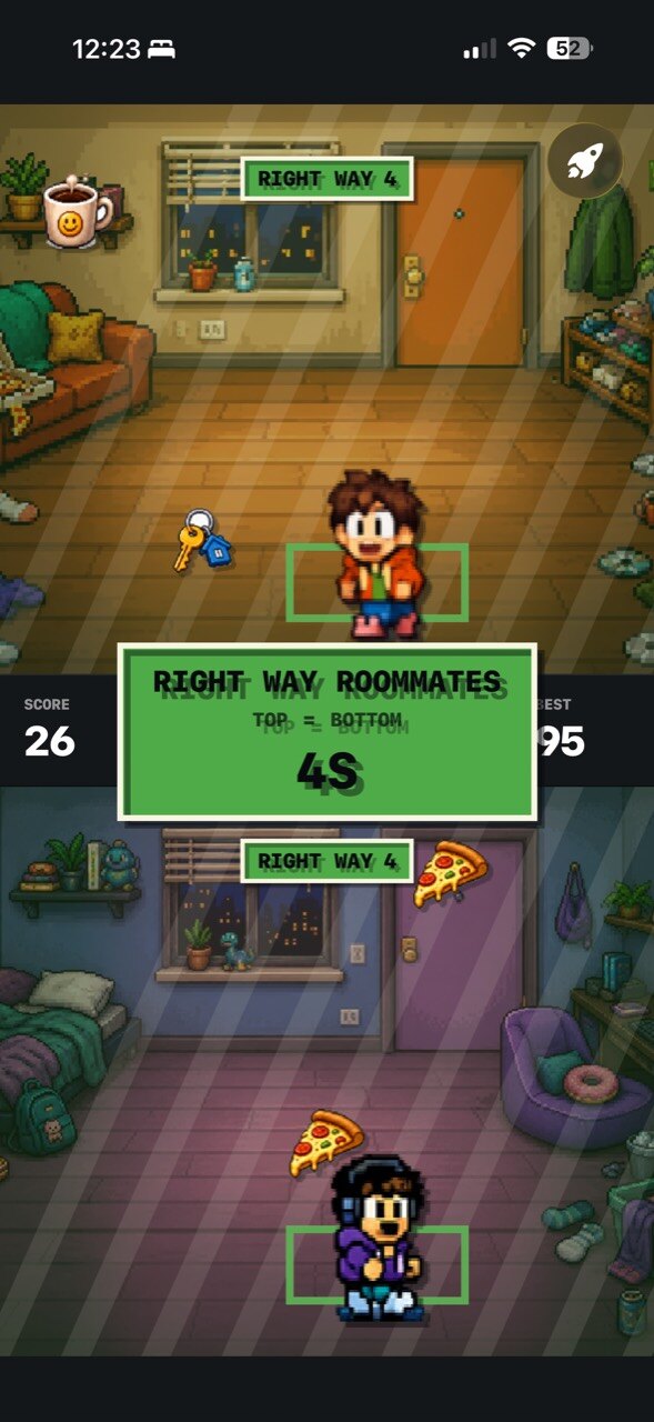 Right Way Roommates bonus mode with green overlays and a countdown.