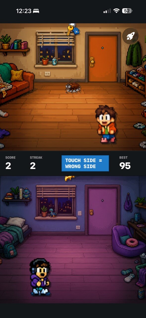Tutorial text showing Touch Side equals Wrong Side while objects fall in both rooms.